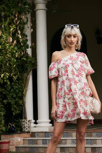 White Floral cotton One Shoulder Boxy Dress
