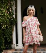 White Floral cotton One Shoulder Boxy Dress