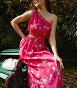 Pink Floral cotton One Shoulder Side Cut-Out Dress