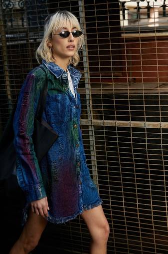 Blue Denim Rainbow Paint High Low Shirt Dress