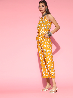 mustard color polyester styles floral basic jumpsuit 1
