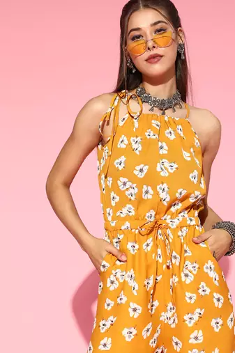 mustard color polyester styles floral basic jumpsuit