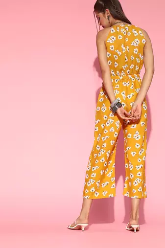 mustard color polyester styles floral basic jumpsuit