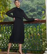 Black Tie-Up Neck Accordion Pleated Dress