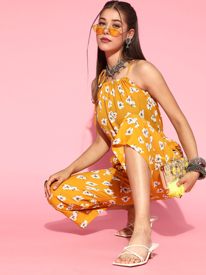 mustard color polyester styles floral basic jumpsuit 4