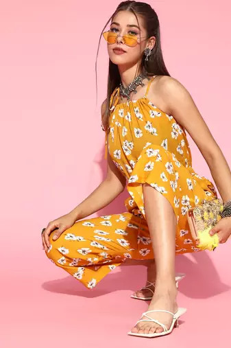 mustard color polyester styles floral basic jumpsuit