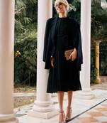 Black Accordion Pleated Belted Midi Dress