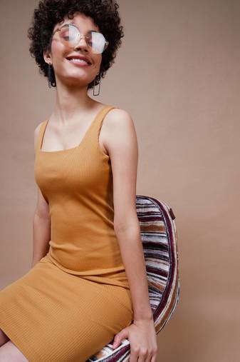 Brown Rib Square Neck Midi Dress
