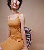 Brown Rib Square Neck Midi Dress