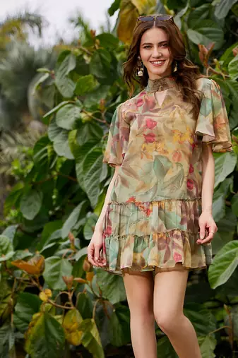 Green Jungle Print Tiered Short Dress