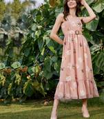 Nude Floral Belted Strappy Maxi Dress