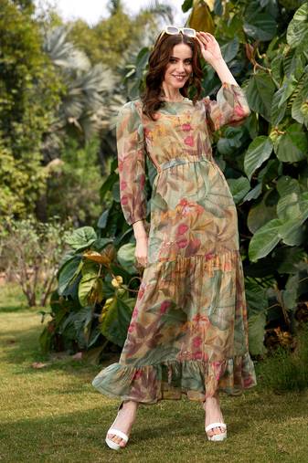 Green Jungle Print Waist Cut Out Maxi Dress