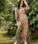 Green Jungle Print Waist Cut Out Maxi Dress