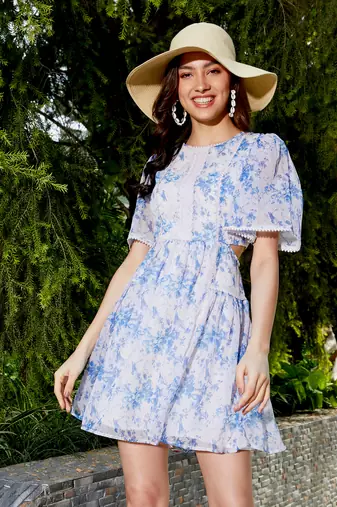 Blue Floral Waist Cut Out Skater Dress