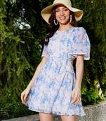 Blue Floral Waist Cut Out Skater Dress