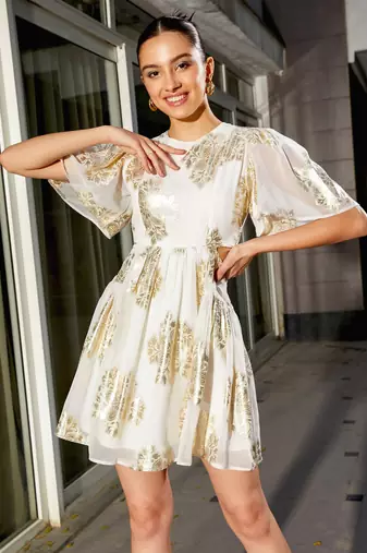White Jacquard Waist Cut Out Skater Dress