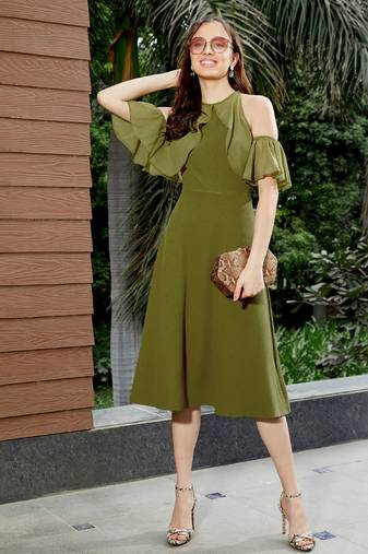 Olive Sleeve Frill Detail Midi Dress