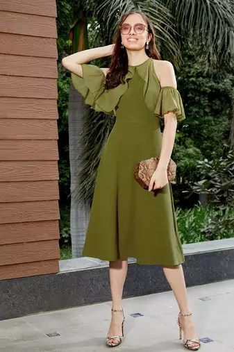 Olive Sleeve Frill Detail Midi Dress