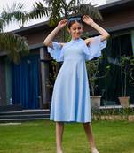 Blue Sleeve Frill Detail Midi Dress