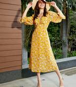 Yellow Floral Ruched Midi Dress