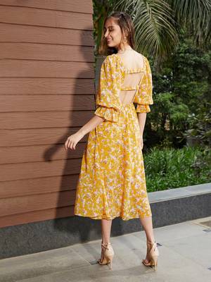 Yellow Floral Ruched Midi Dress 2