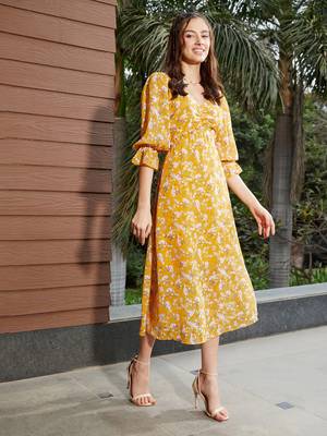 Yellow Floral Ruched Midi Dress 3
