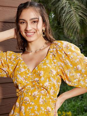 Yellow Floral Ruched Midi Dress 4