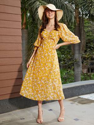 Yellow Floral Ruched Midi Dress 6
