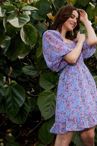 Blue Floral Off Shoulder Mini Dress