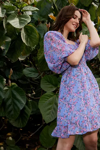 Blue Floral Off Shoulder Mini Dress