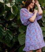 Blue Floral Off Shoulder Mini Dress