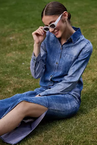 Blue Acid Wash Tencel Maxi Shirt Dress