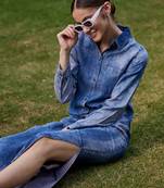 Blue Acid Wash Tencel Maxi Shirt Dress