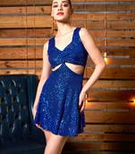Blue Poly Cotton Plain Sequin Work Party Dress