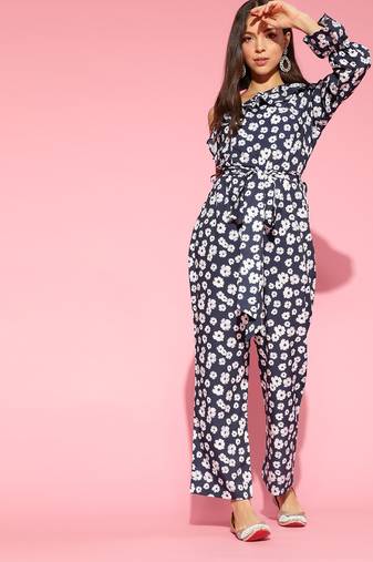 navy blue color polyester styles floral basic jumpsuit