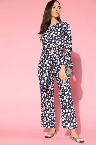 navy blue color polyester styles floral basic jumpsuit