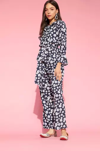 navy blue color polyester styles floral basic jumpsuit