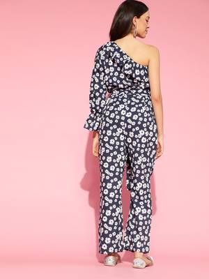 navy blue color polyester styles floral basic jumpsuit 4