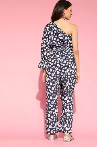 navy blue color polyester styles floral basic jumpsuit