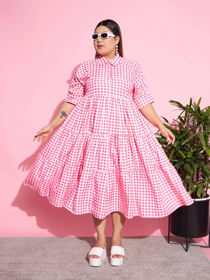Neon Pink Check Midi Dress