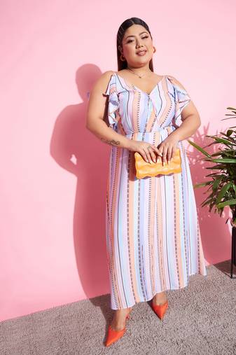 Multi Stripes Front Slit Maxi Dress