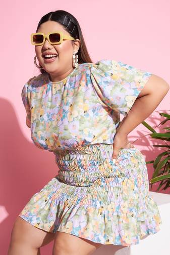 Green Floral Smocked Short Dress