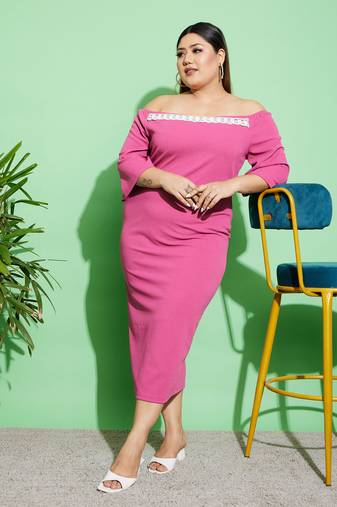 Pink Off Shoulder Bodycon Midi Dress