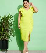 Neon Yellow Ruffled Body Slit Bodycon Midi Dress