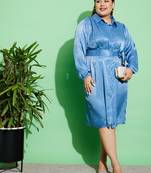 Blue Satin Jacquard Belted Shirt Dress