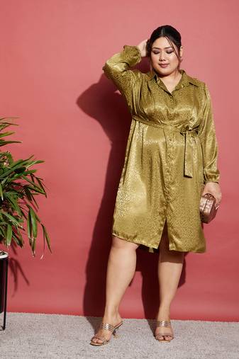 Olive Satin Jacquard Belted Shirt Dress