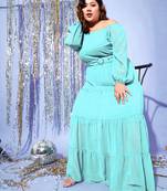 Turquoise Blue Off Shoulder Tiered Belted Maxi Dress
