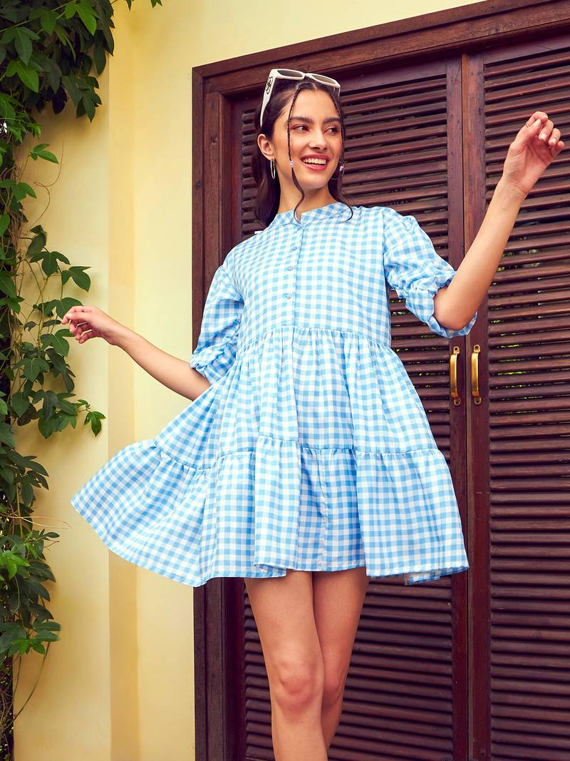 Blue Check Tiered Mini Dress - SASSAFRAS - 4385493