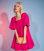 Pink Puff Sleeves Short Tiered Dress