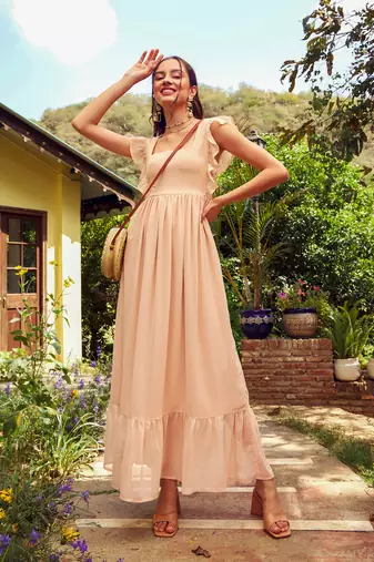 Nude Square Neck Frill Hem Maxi Dress